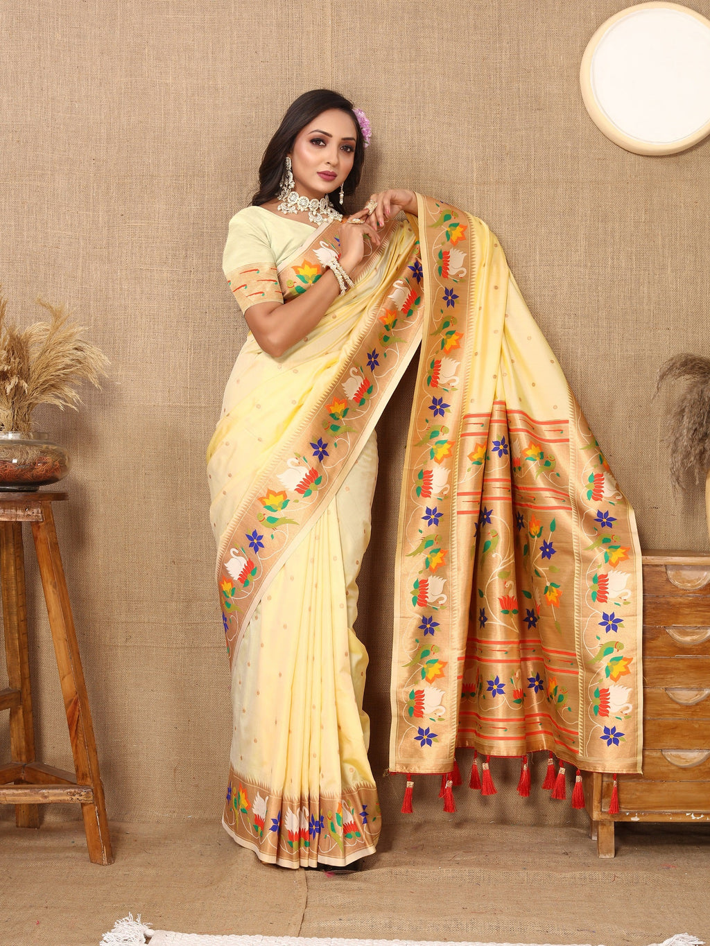 Vedant Vastram Cream Color Paithani Silk Saree - Cream | Grocsy