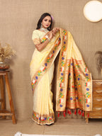 Vedant Vastram Cream Color Paithani Silk Saree - Cream | Grocsy