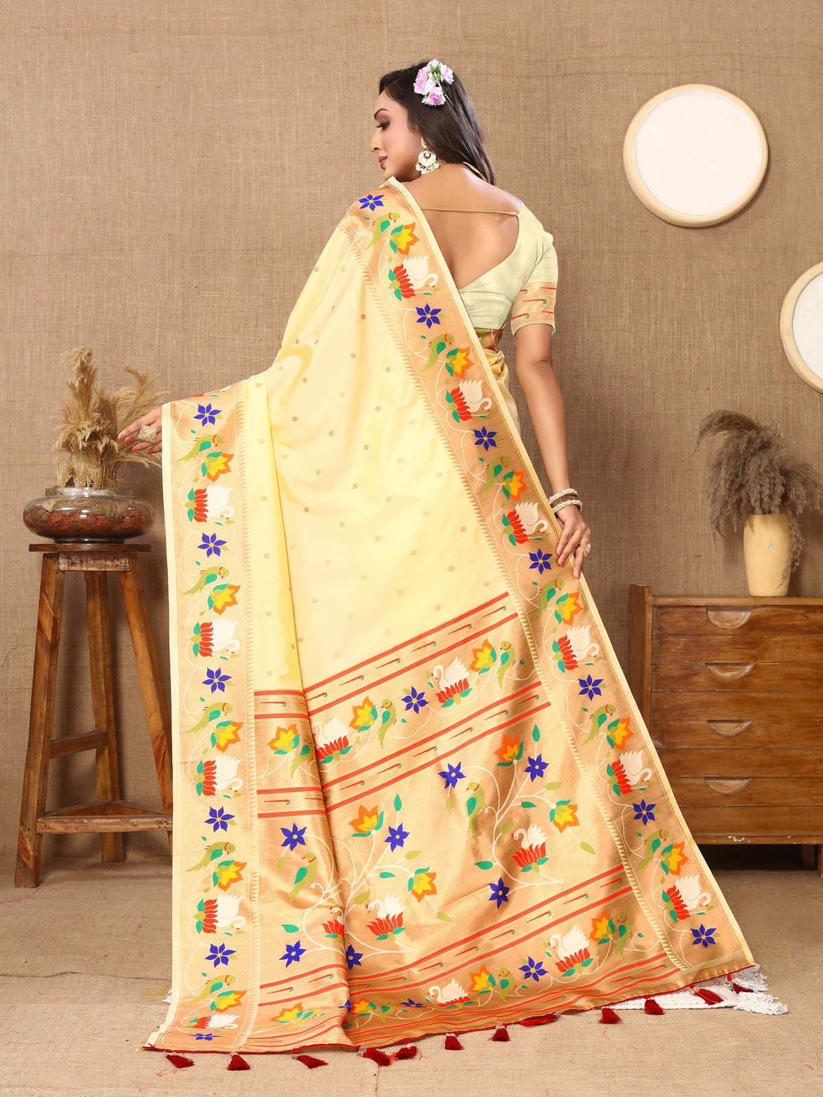 Vedant Vastram Cream Color Paithani Silk Saree - Cream | Grocsy