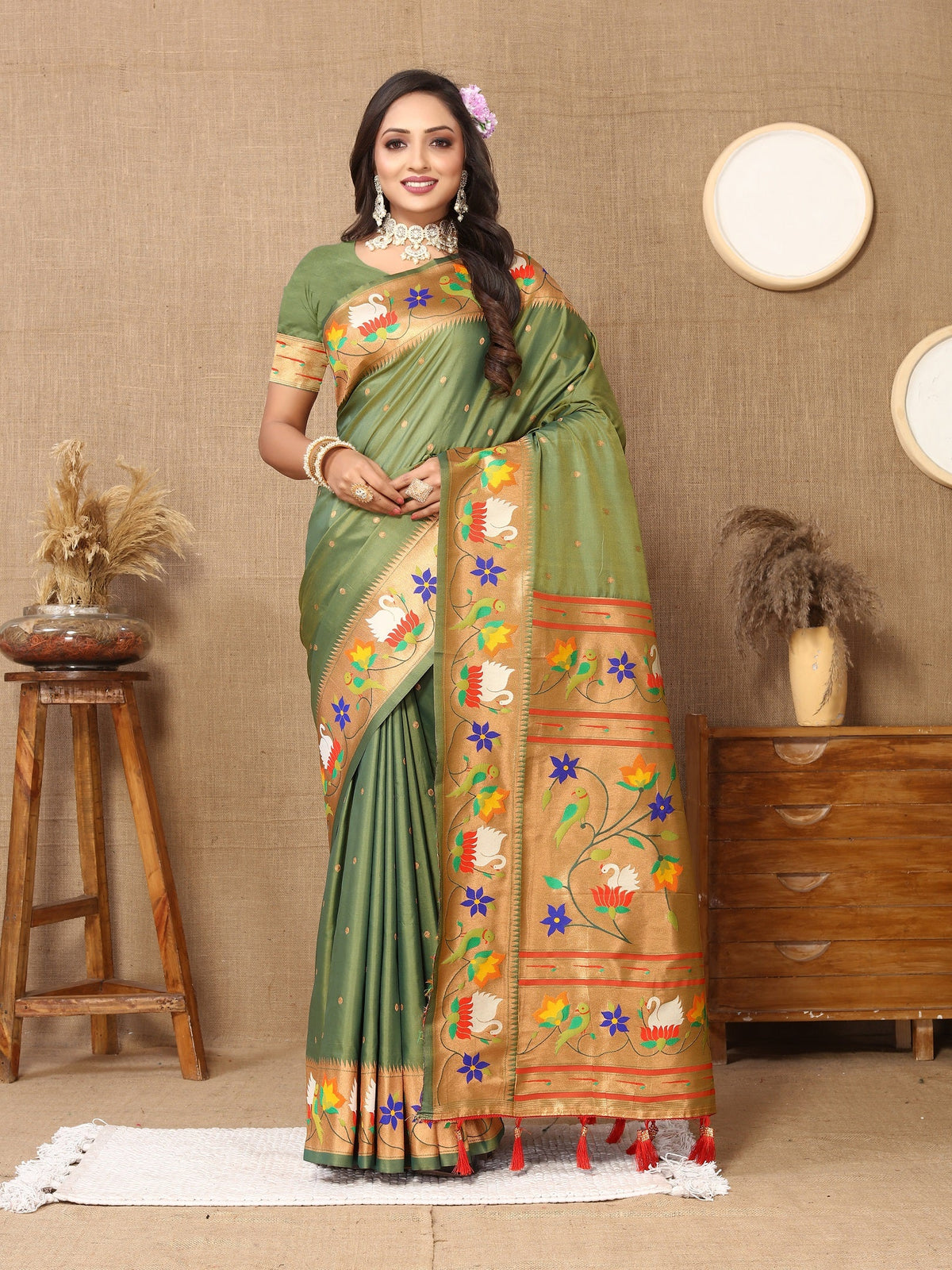 Vedant Vastram Mehndi Color Paithani Silk Saree - Mehndi | Grocsy
