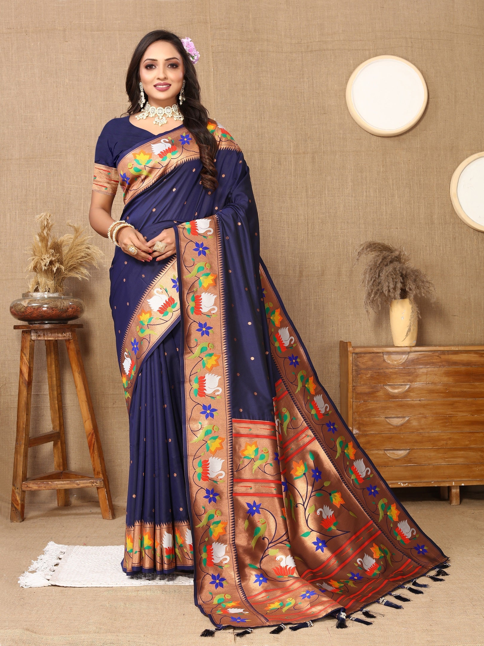 Vedant Vastram Navy Blue Color Paithani Silk Saree - Navy Blue | Grocsy