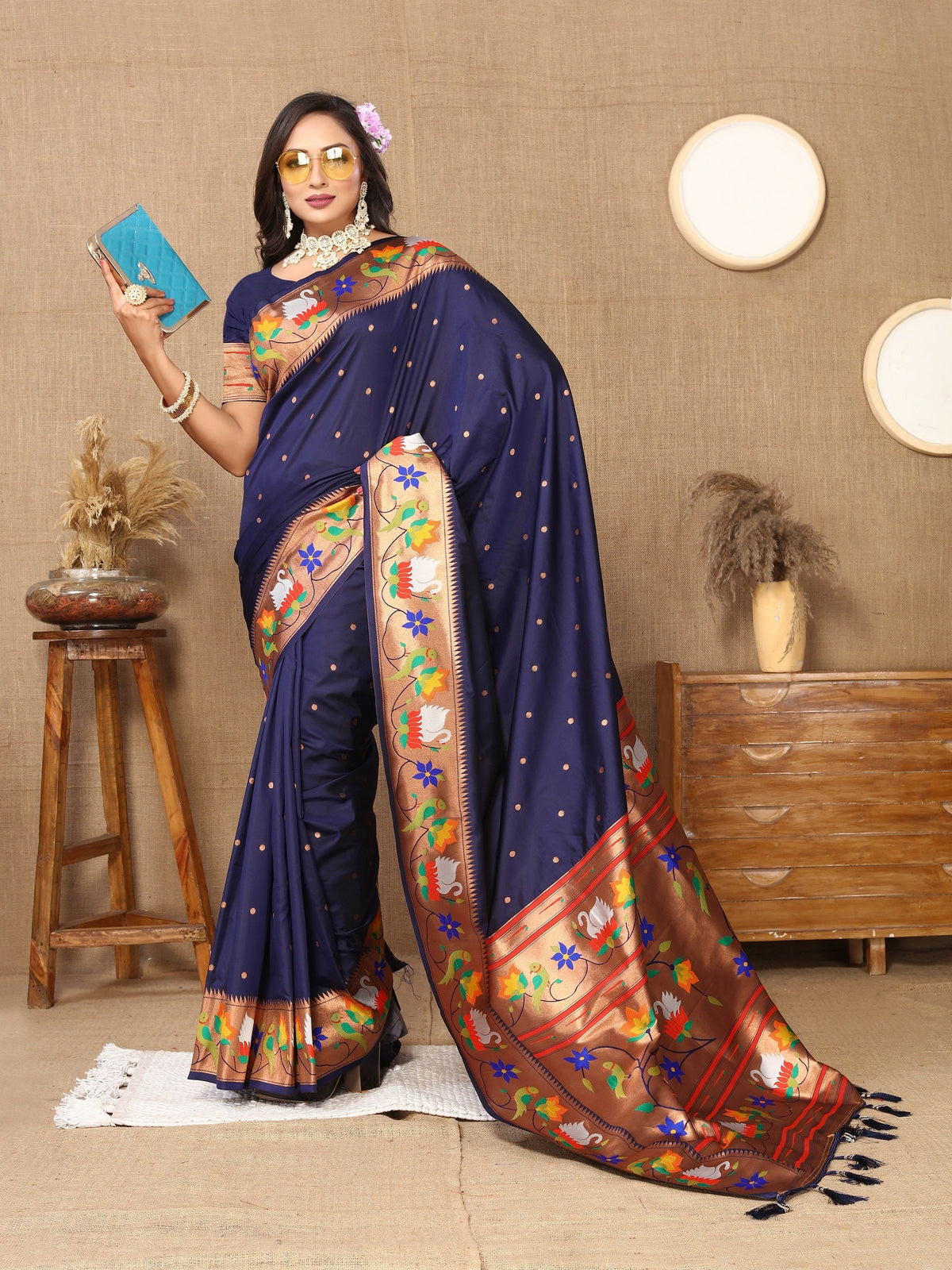 Vedant Vastram Navy Blue Color Paithani Silk Saree - Navy Blue | Grocsy