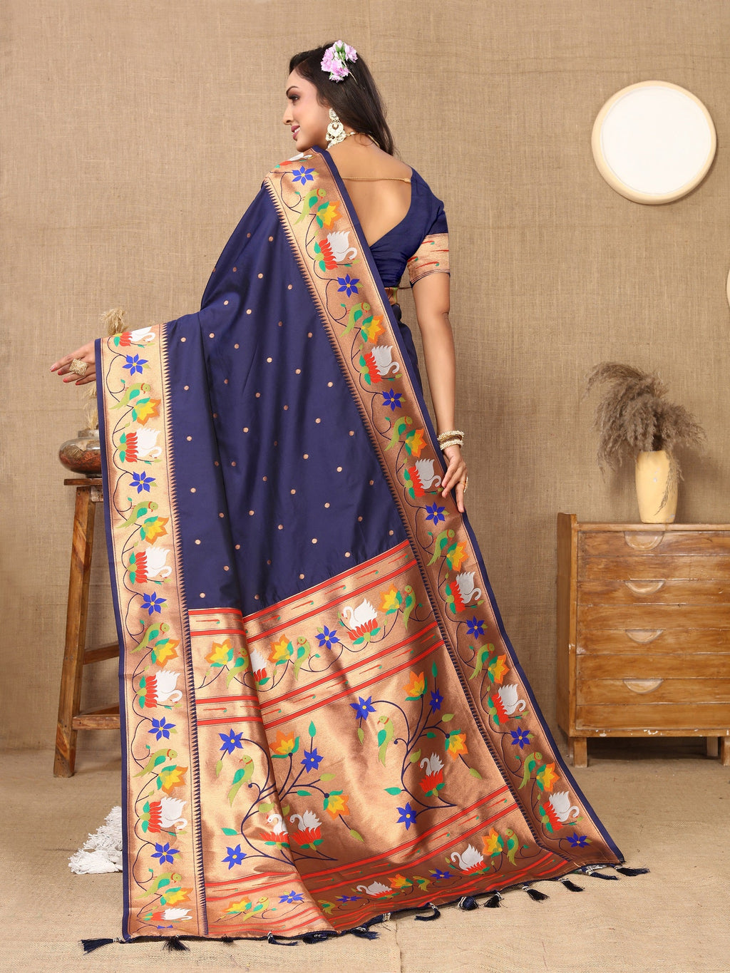 Vedant Vastram Navy Blue Color Paithani Silk Saree - Navy Blue | Grocsy
