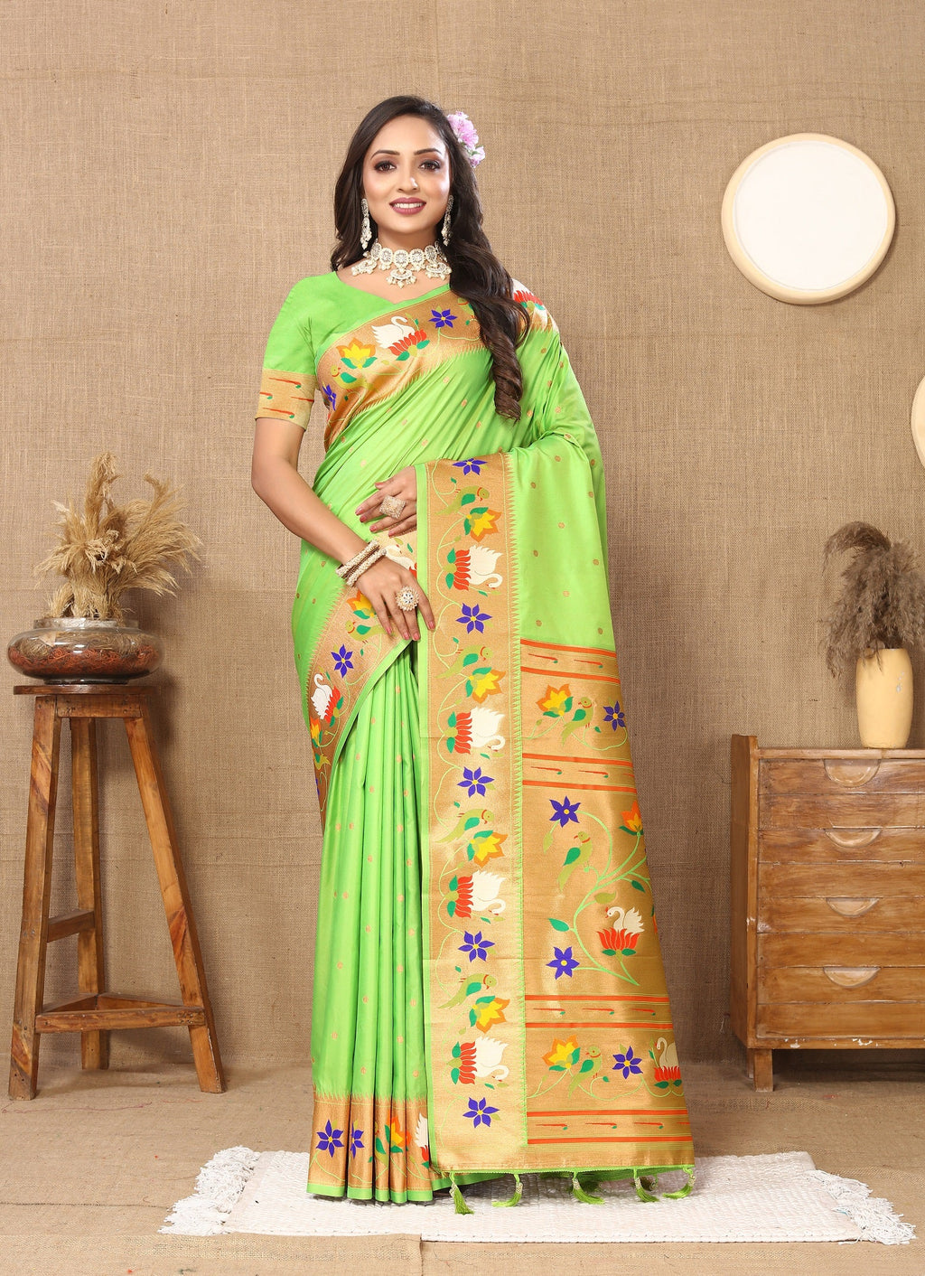 Vedant Vastram Parrot Color Paithani Silk Saree - Parrot | Grocsy