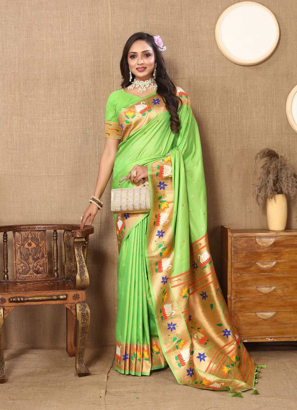 Vedant Vastram Parrot Color Paithani Silk Saree - Parrot | Grocsy