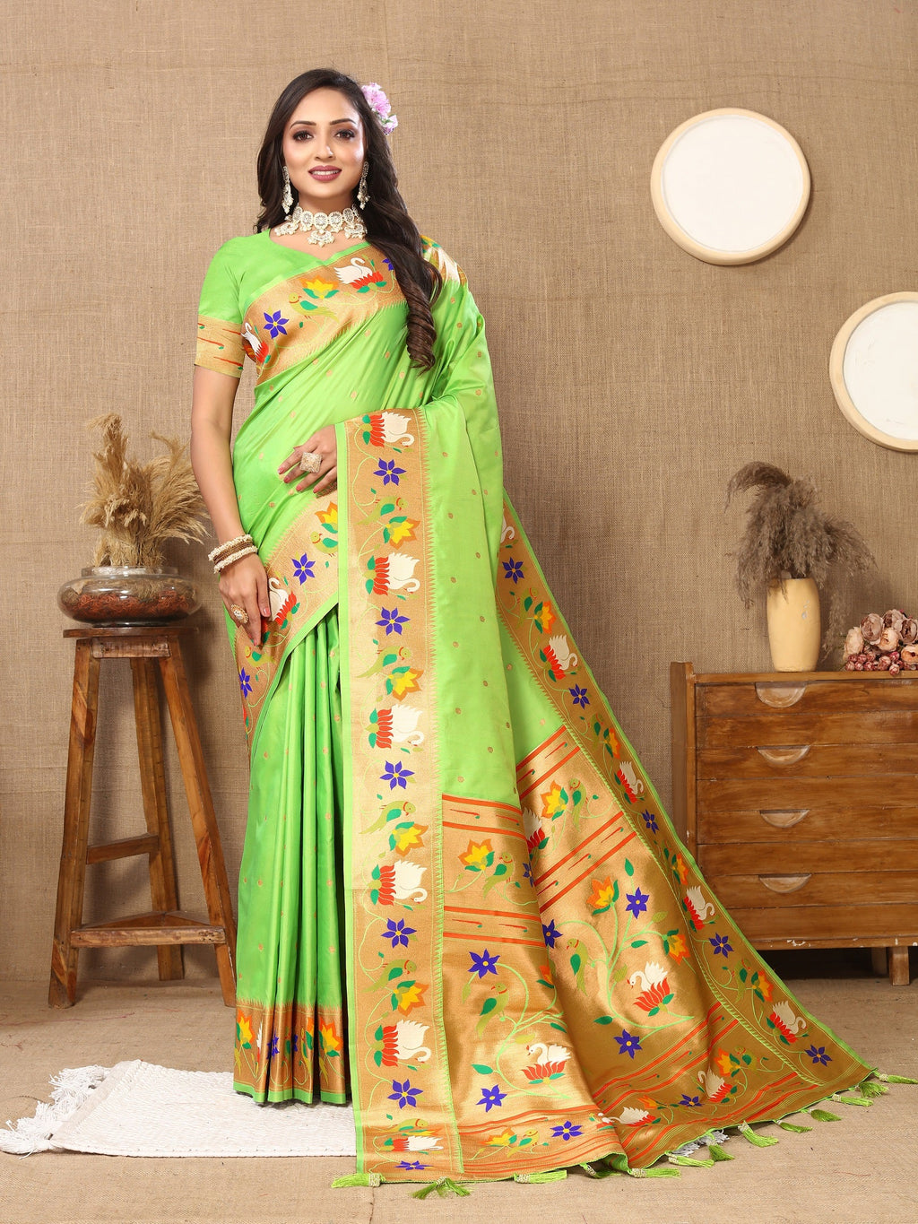 Vedant Vastram Parrot Color Paithani Silk Saree - Parrot | Grocsy