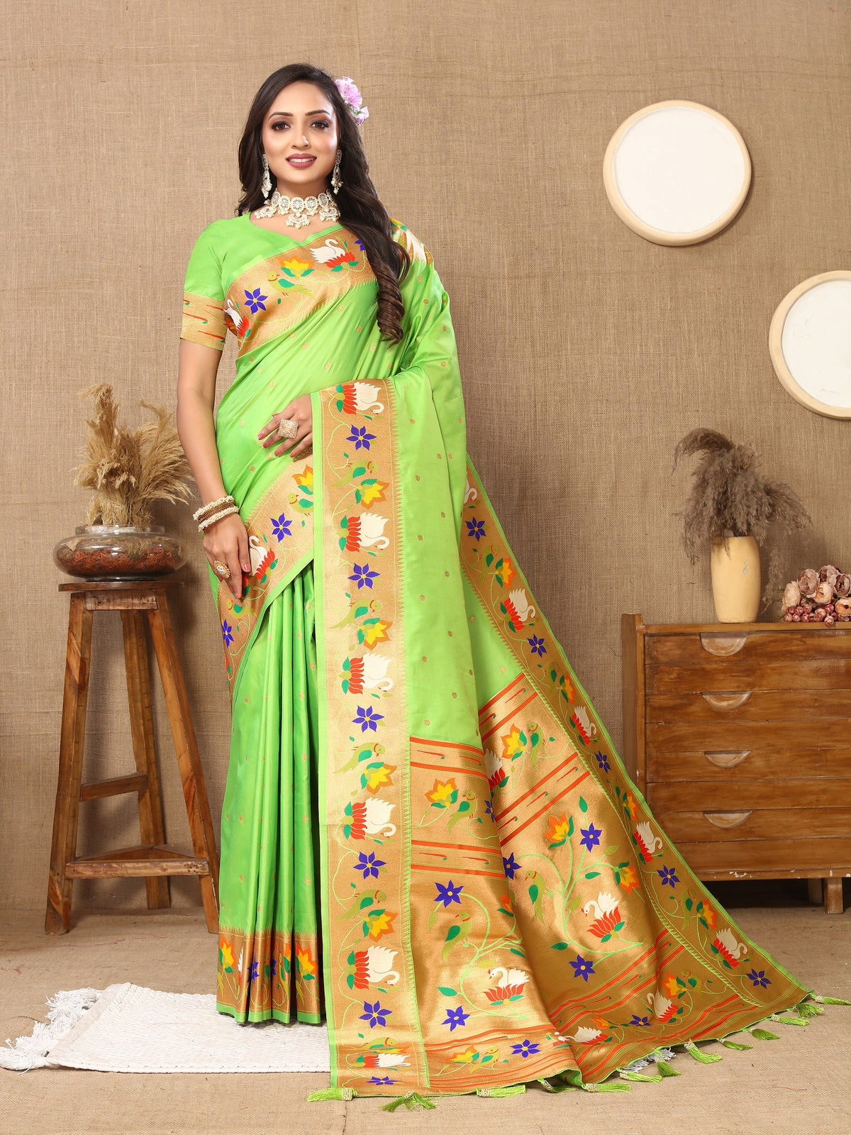 Vedant Vastram Parrot Color Paithani Silk Saree - Parrot | Grocsy
