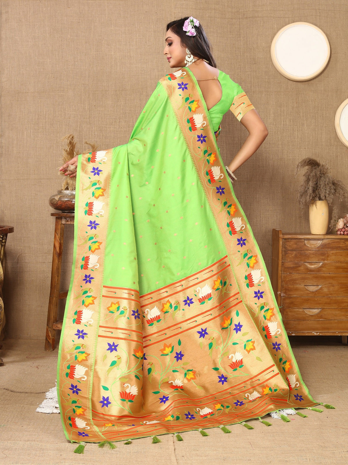 Vedant Vastram Parrot Color Paithani Silk Saree - Parrot | Grocsy