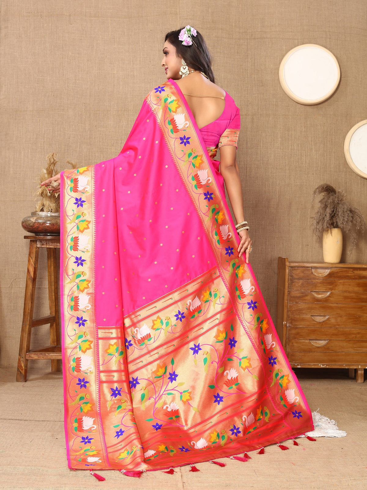 Vedant Vastram Pink Color Paithani Silk Saree - Pink | Grocsy