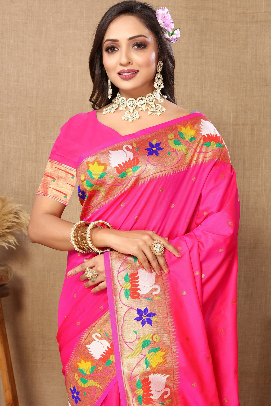Vedant Vastram Pink Color Paithani Silk Saree - Pink | Grocsy