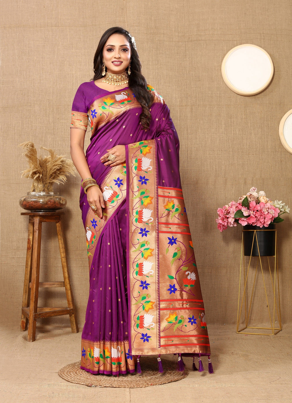 Vedant Vastram Purple Color Paithani Silk Saree - Purple | Grocsy