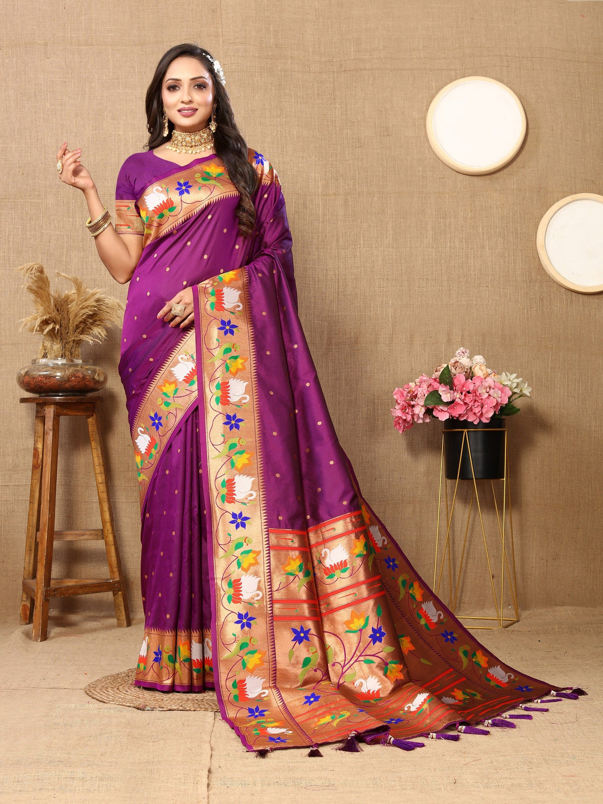 Vedant Vastram Purple Color Paithani Silk Saree - Purple | Grocsy