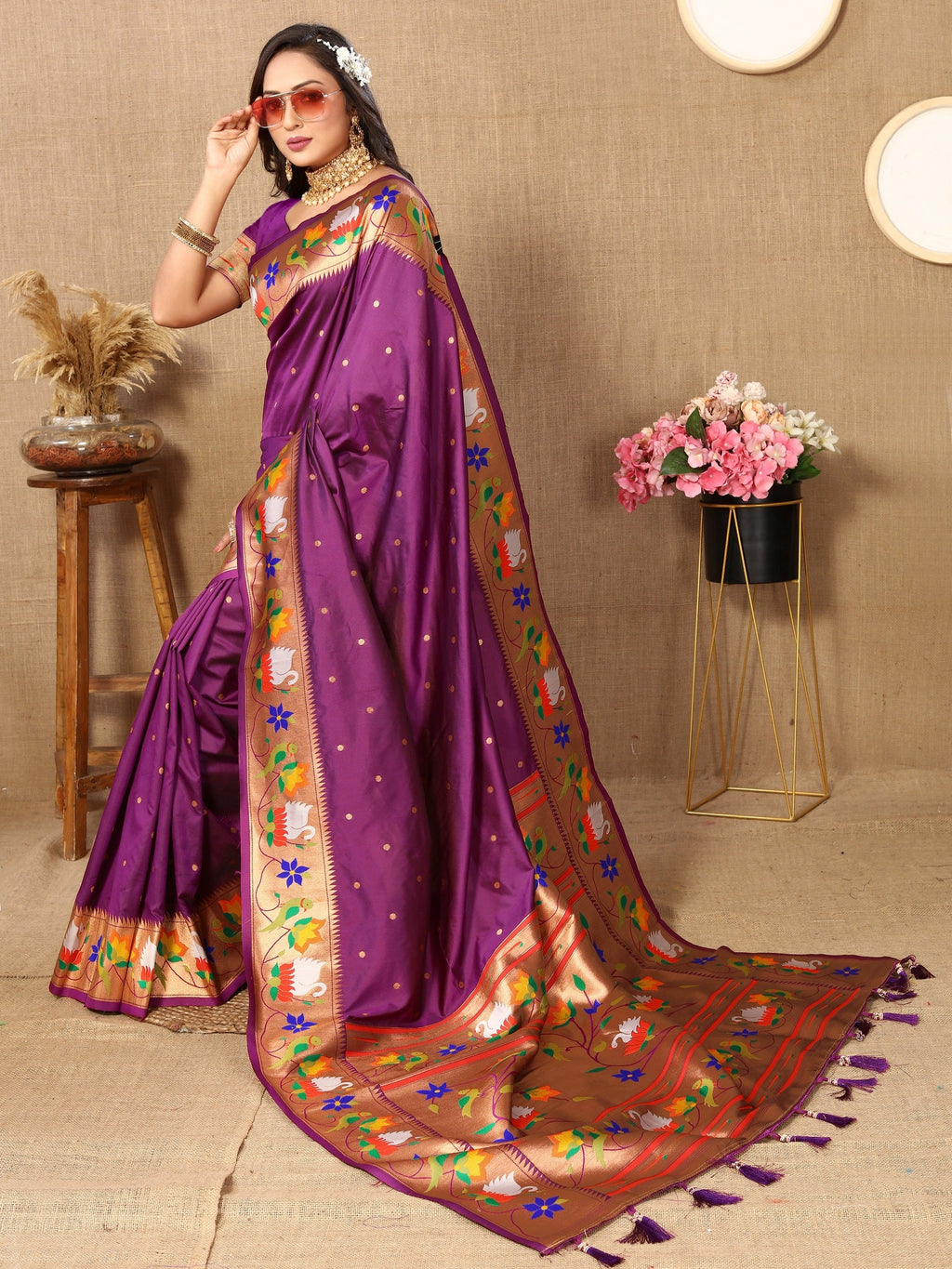 Vedant Vastram Purple Color Paithani Silk Saree - Purple | Grocsy