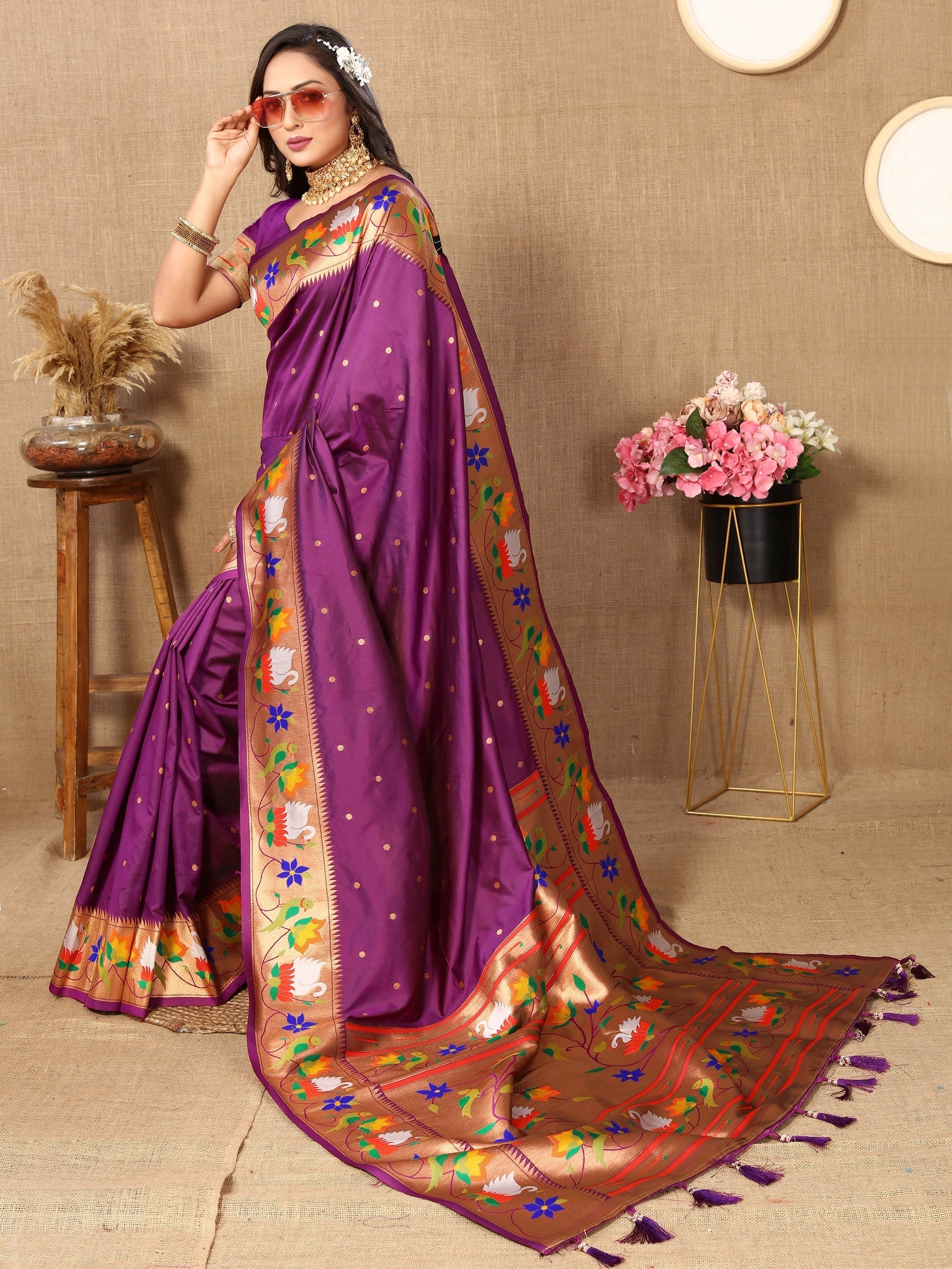 Vedant Vastram Purple Color Paithani Silk Saree - Purple | Grocsy