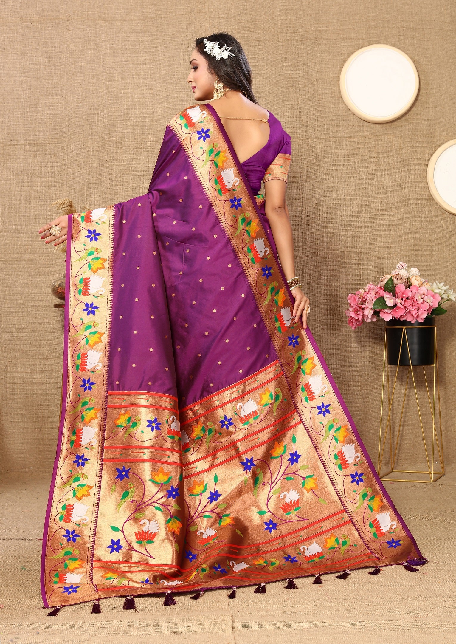 Vedant Vastram Purple Color Paithani Silk Saree - Purple | Grocsy