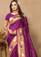 Vedant Vastram Purple Color Paithani Silk Saree - Purple | Grocsy