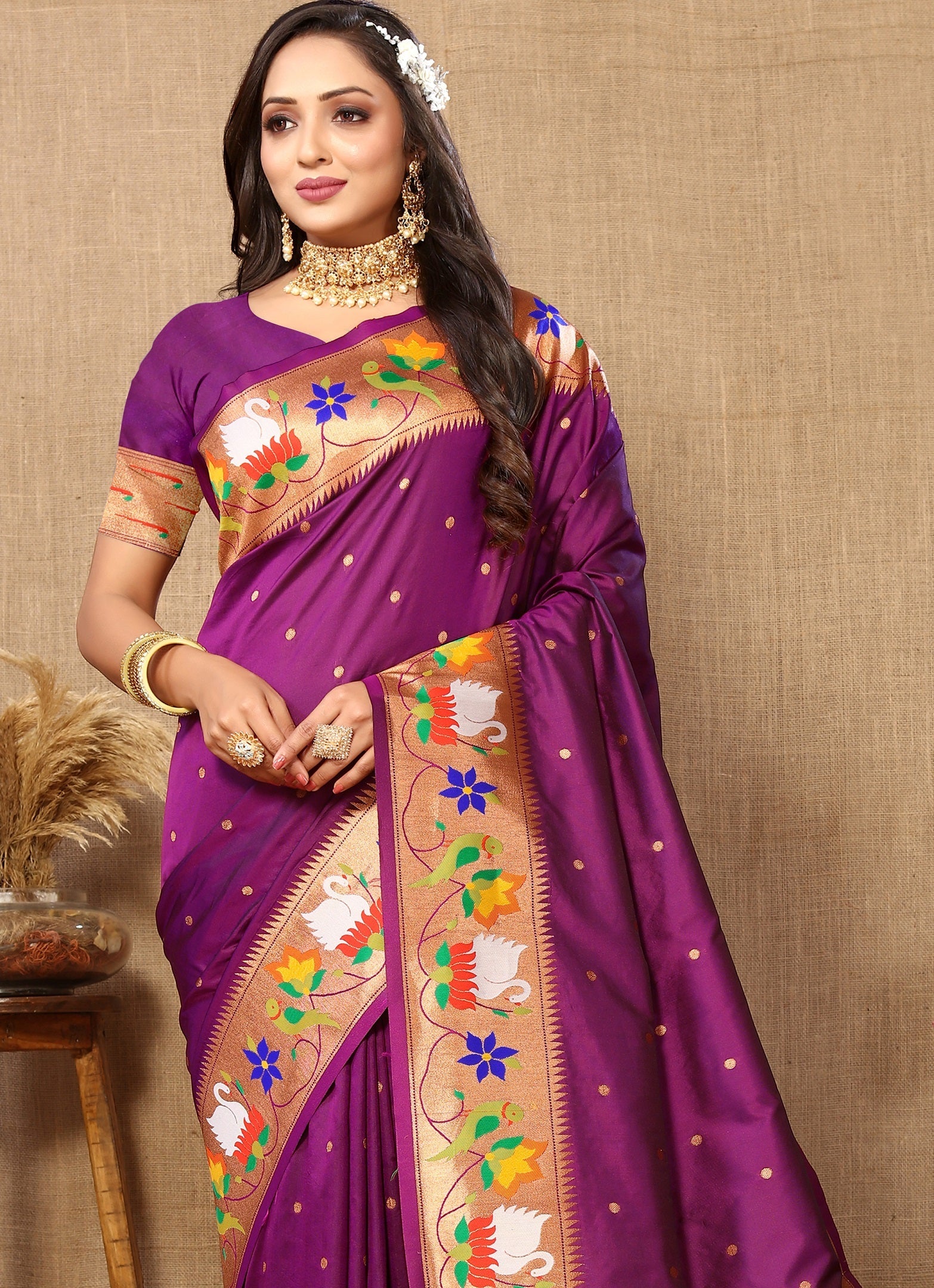 Vedant Vastram Purple Color Paithani Silk Saree - Purple | Grocsy