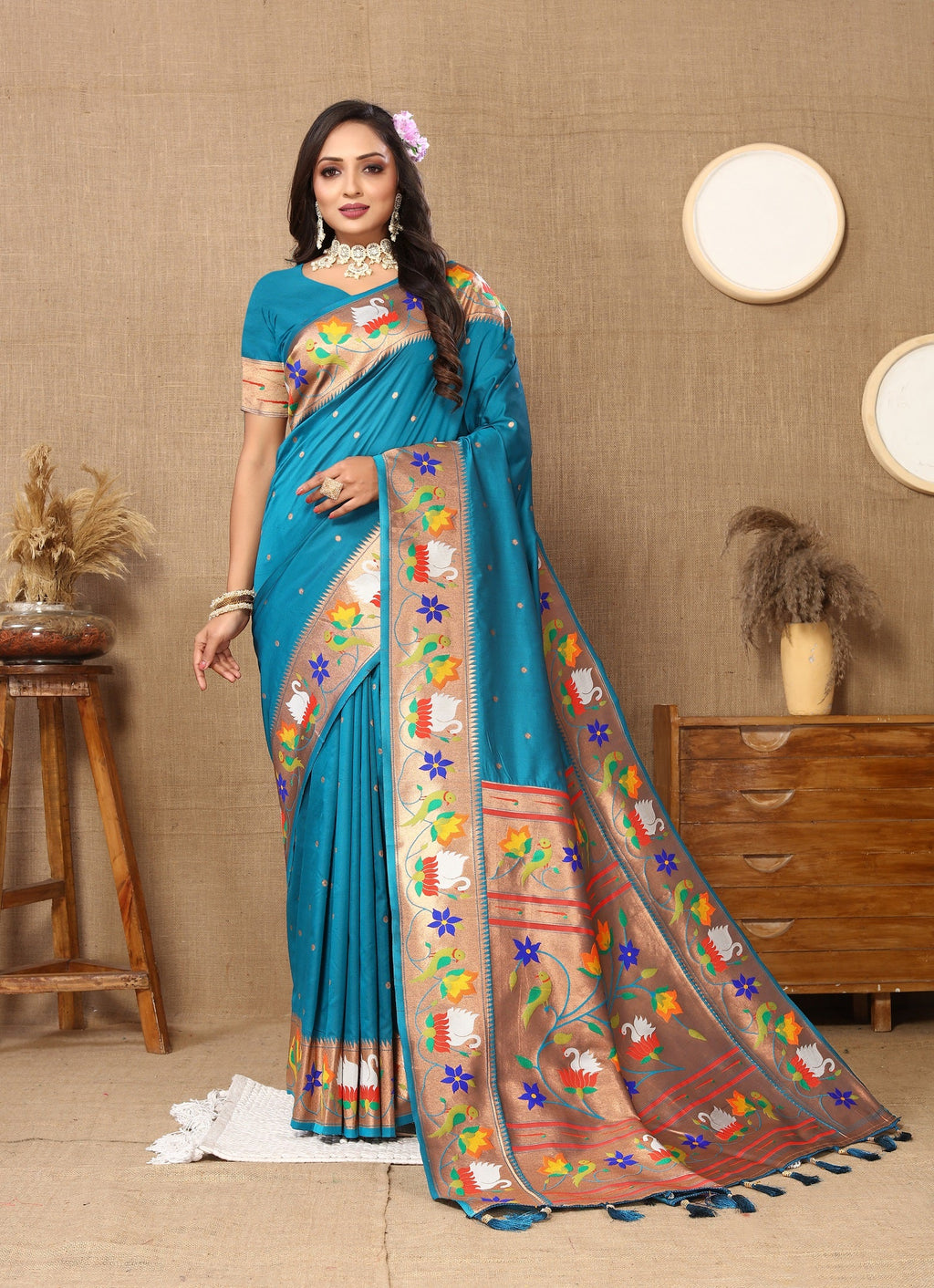Vedant Vastram Rama Color Paithani Silk Saree - Rama | Grocsy