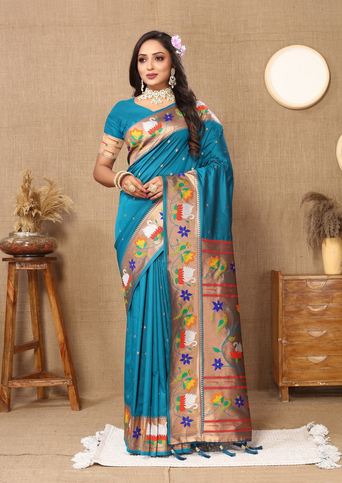 Vedant Vastram Rama Color Paithani Silk Saree - Rama | Grocsy