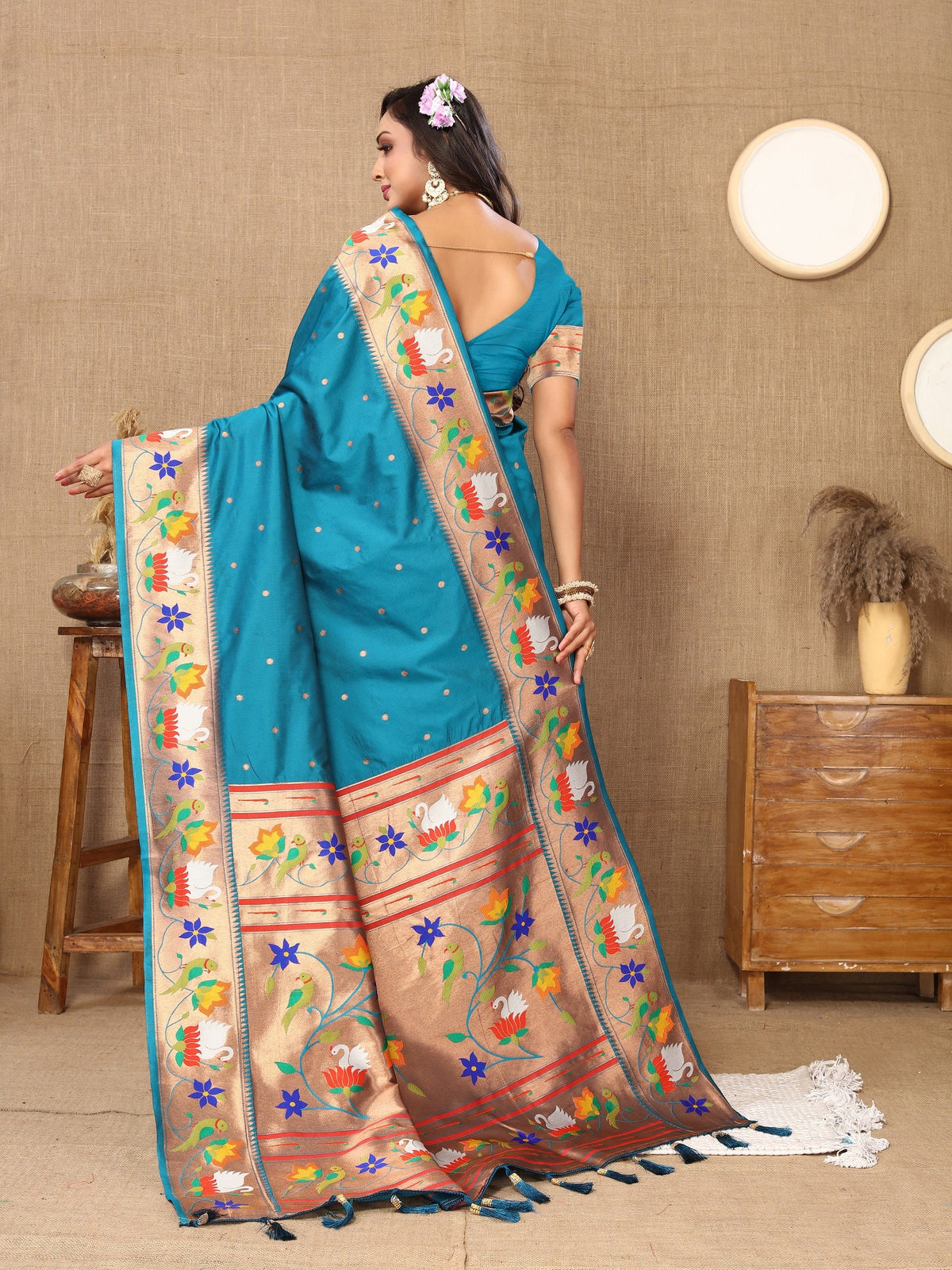 Vedant Vastram Rama Color Paithani Silk Saree - Rama | Grocsy