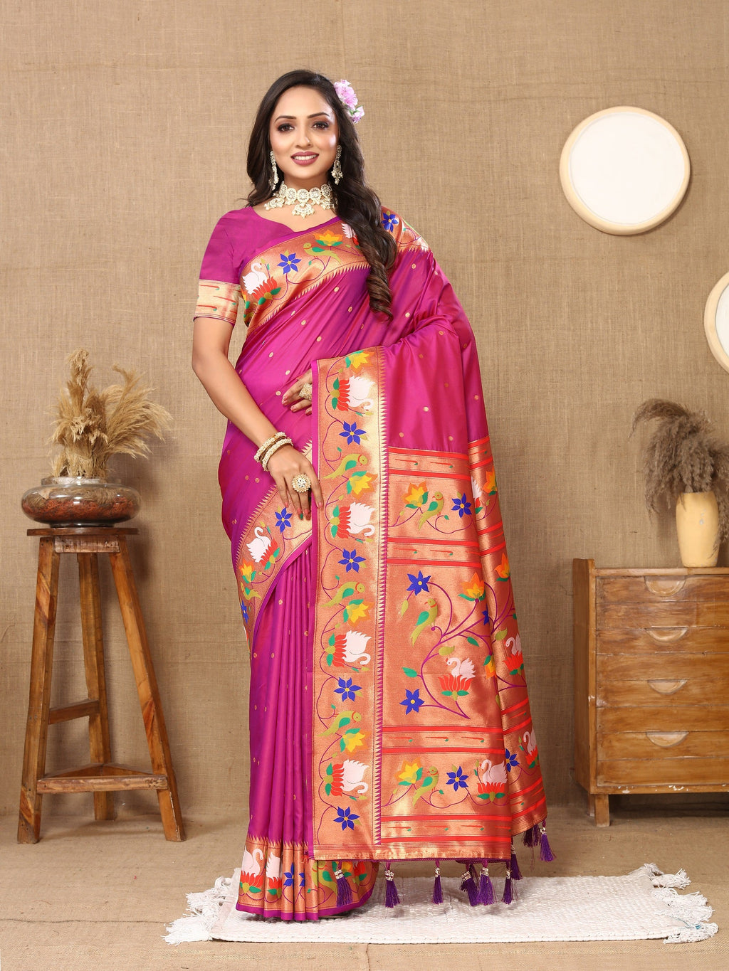 Vedant Vastram Rani Pink Color Paithani Silk Saree - Rani Pink | Grocsy