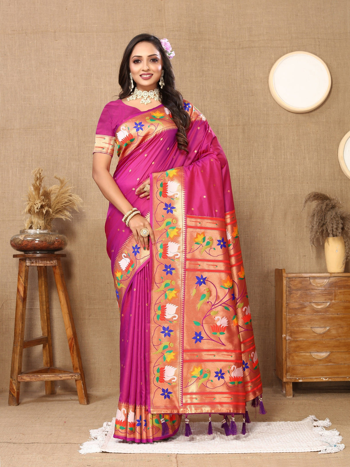 Vedant Vastram Rani Pink Color Paithani Silk Saree - Rani Pink | Grocsy
