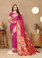 Vedant Vastram Rani Pink Color Paithani Silk Saree - Rani Pink | Grocsy