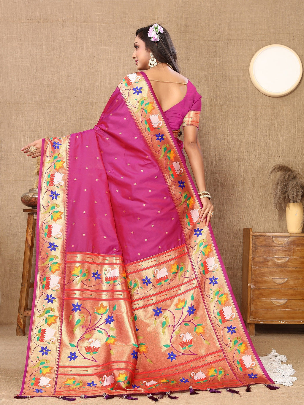 Vedant Vastram Rani Pink Color Paithani Silk Saree - Rani Pink | Grocsy