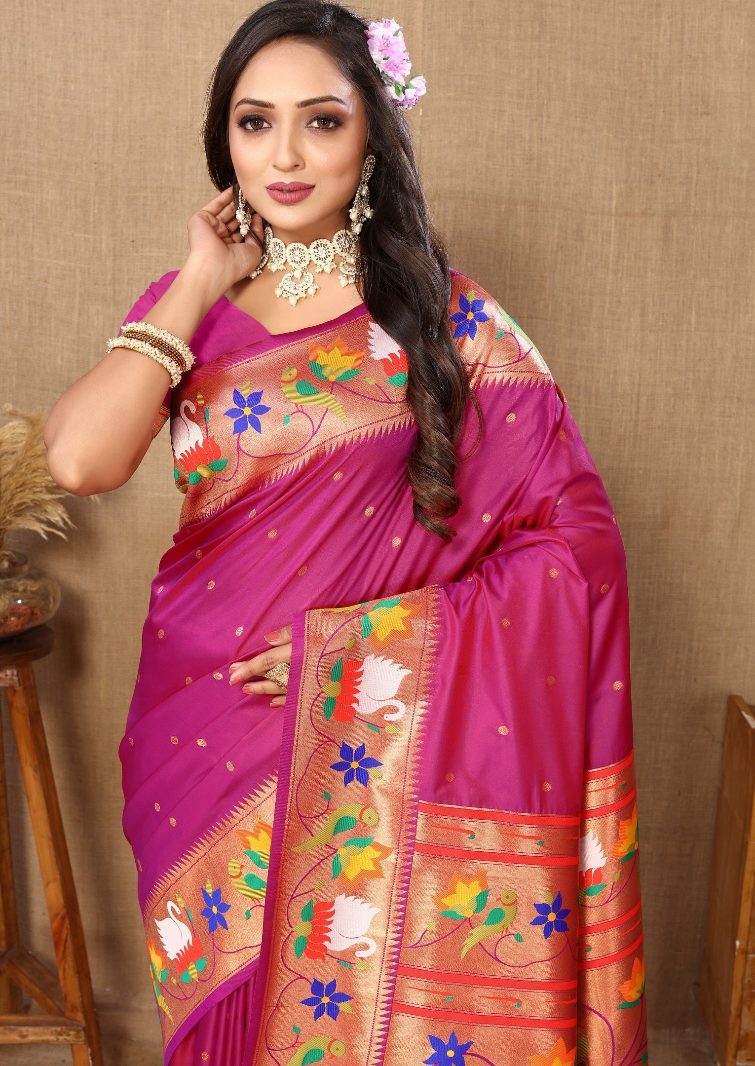 Vedant Vastram Rani Pink Color Paithani Silk Saree - Rani Pink | Grocsy