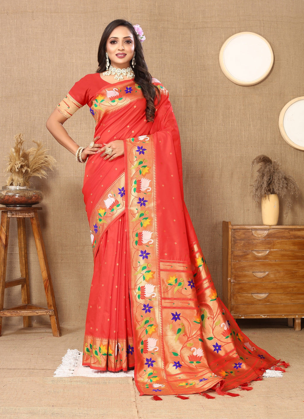 Vedant Vastram Red Color Paithani Silk Saree - Red | Grocsy