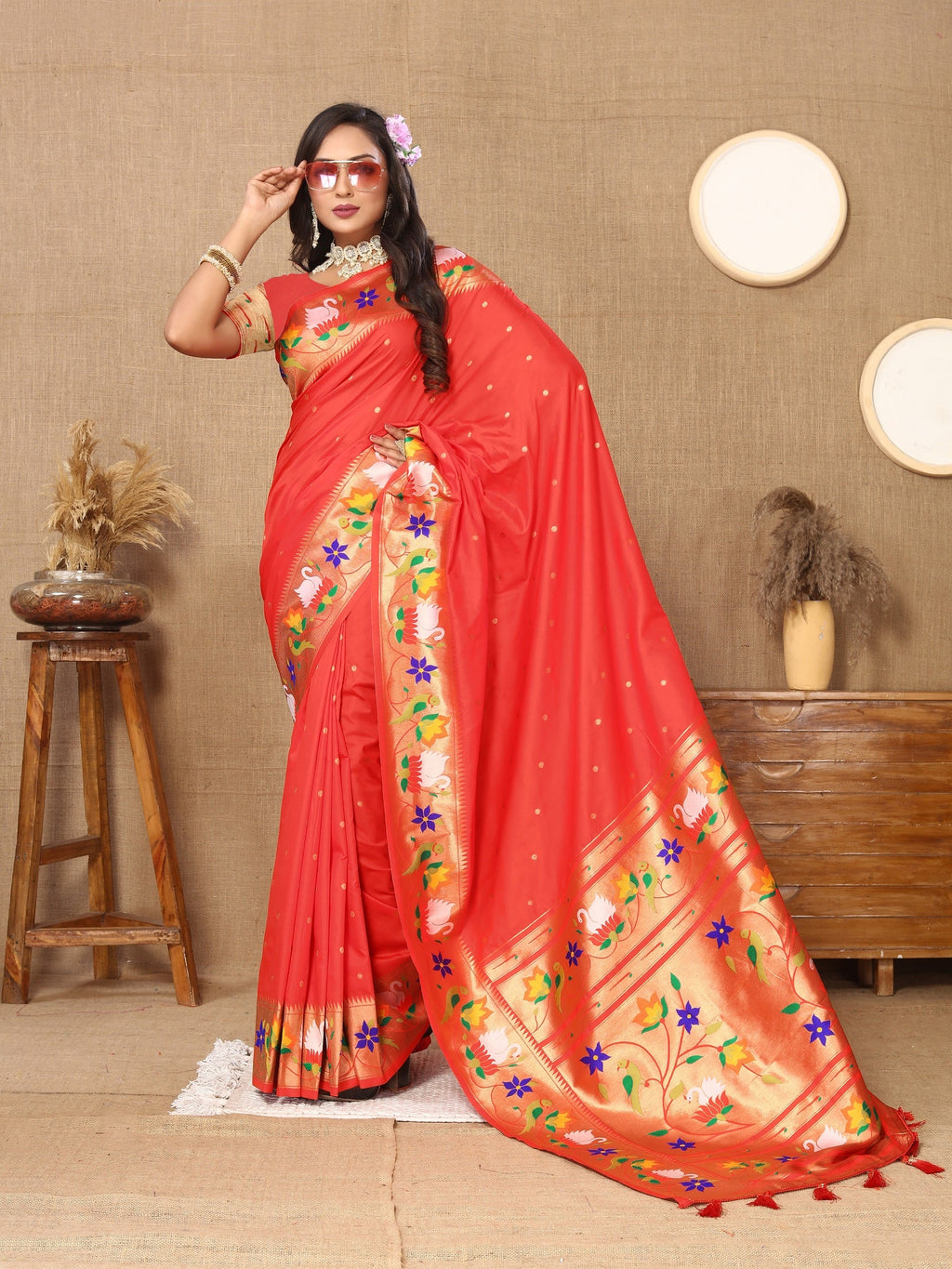 Vedant Vastram Red Color Paithani Silk Saree - Red | Grocsy