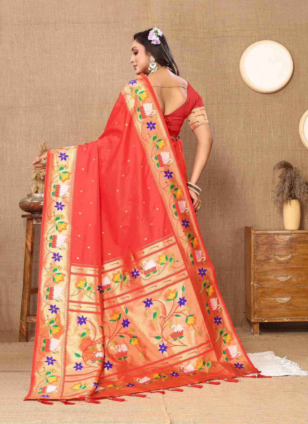 Vedant Vastram Red Color Paithani Silk Saree - Red | Grocsy