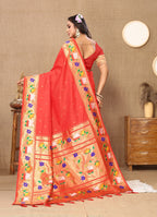 Vedant Vastram Red Color Paithani Silk Saree - Red | Grocsy