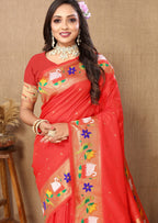 Vedant Vastram Red Color Paithani Silk Saree - Red | Grocsy