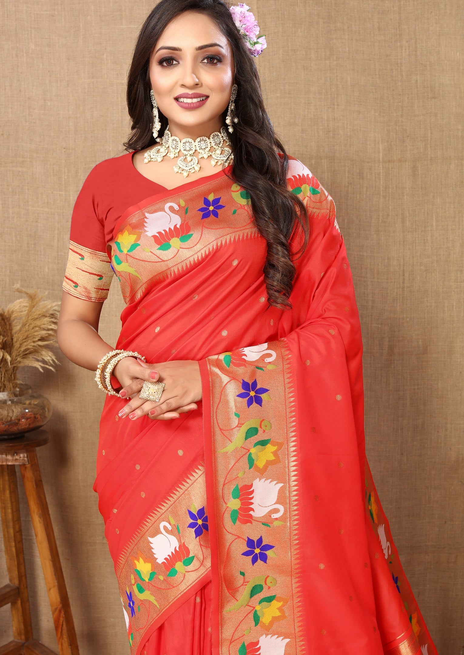 Vedant Vastram Red Color Paithani Silk Saree - Red | Grocsy