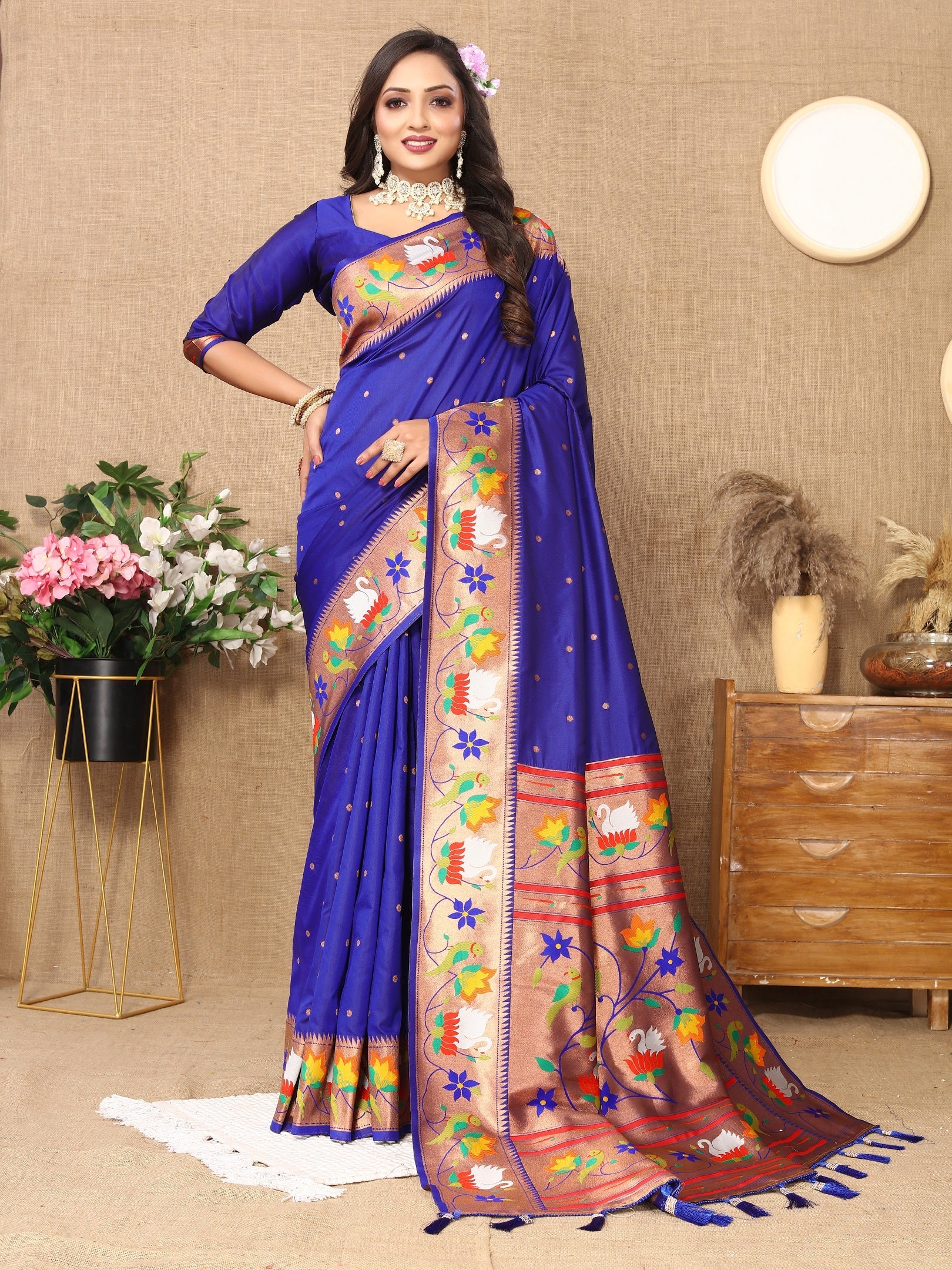Vedant Vastram Royal Blue Color Paithani Silk Saree - Royal Blue | Grocsy