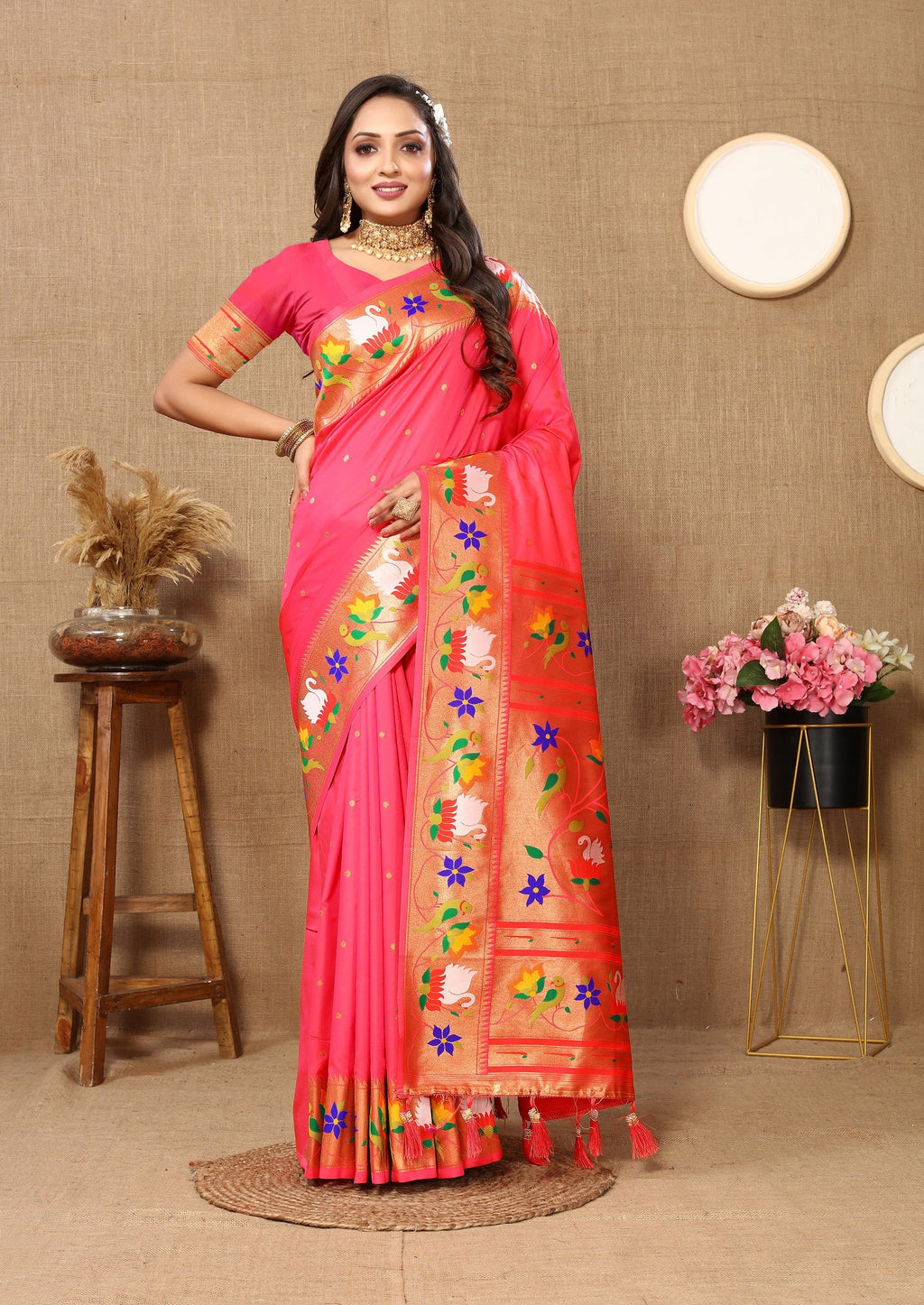 Vedant Vastram Tomato Color Paithani Silk Saree - Tomato | Grocsy