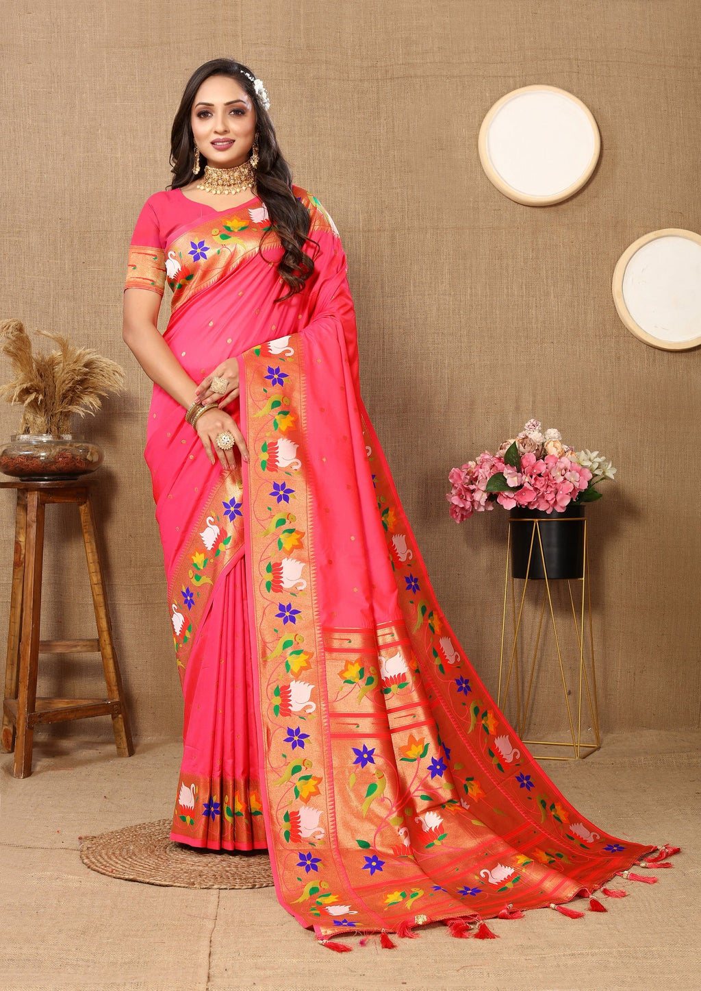Vedant Vastram Tomato Color Paithani Silk Saree - Tomato | Grocsy