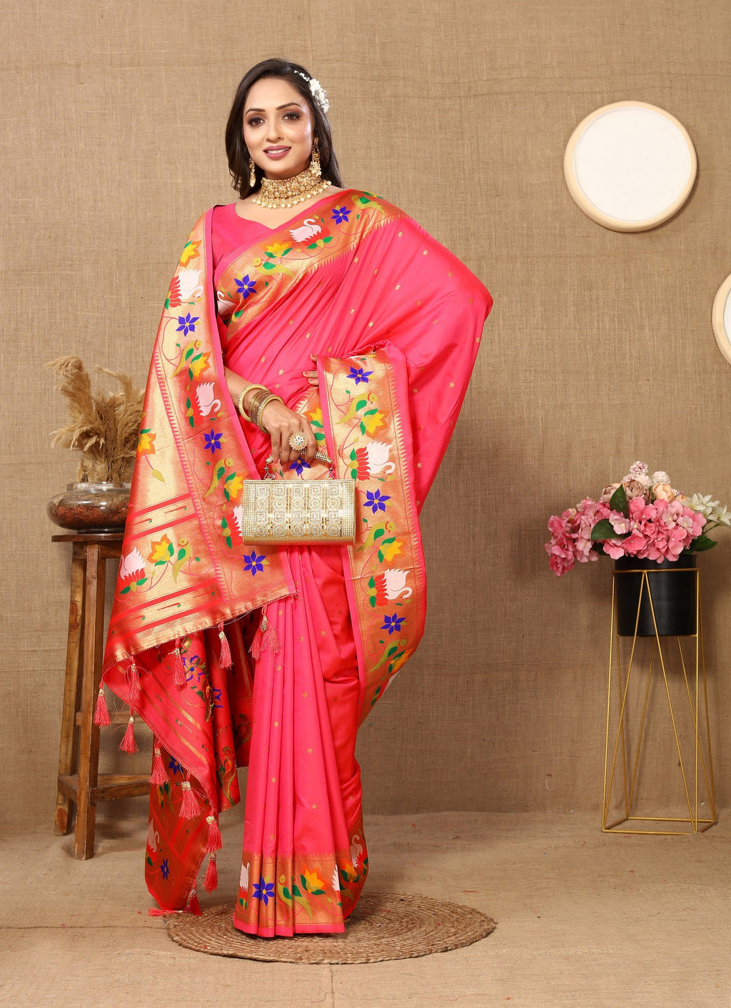 Vedant Vastram Tomato Color Paithani Silk Saree - Tomato | Grocsy