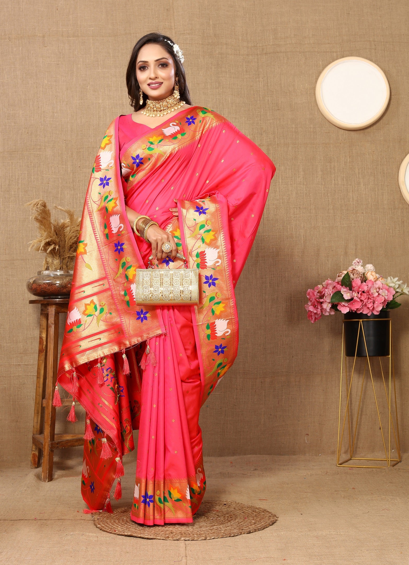 Vedant Vastram Tomato Color Paithani Silk Saree - Tomato | Grocsy