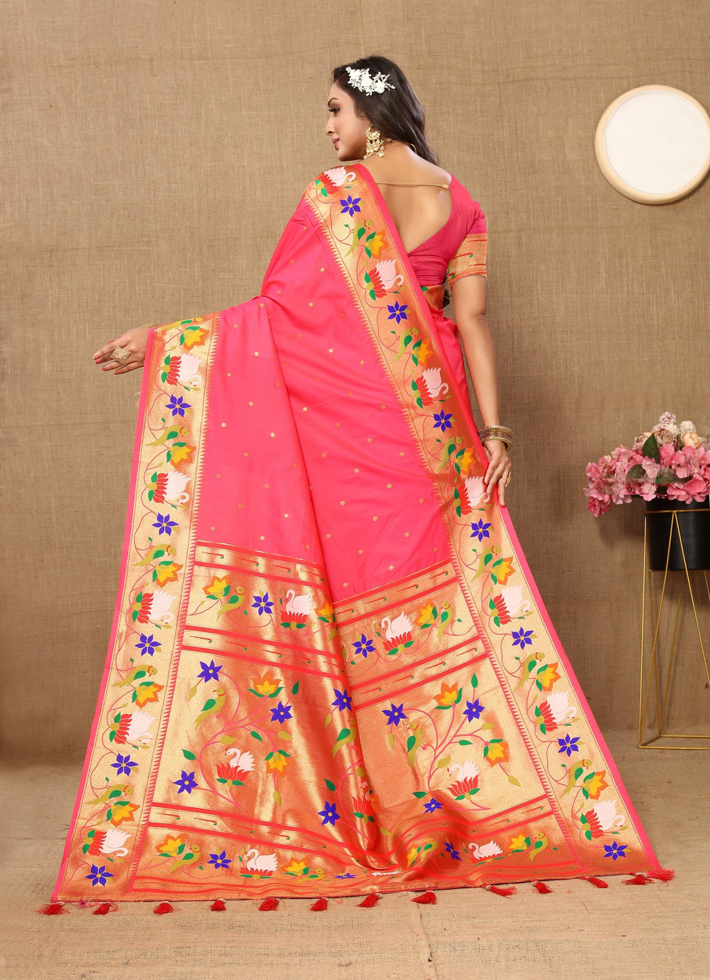 Vedant Vastram Tomato Color Paithani Silk Saree - Tomato | Grocsy