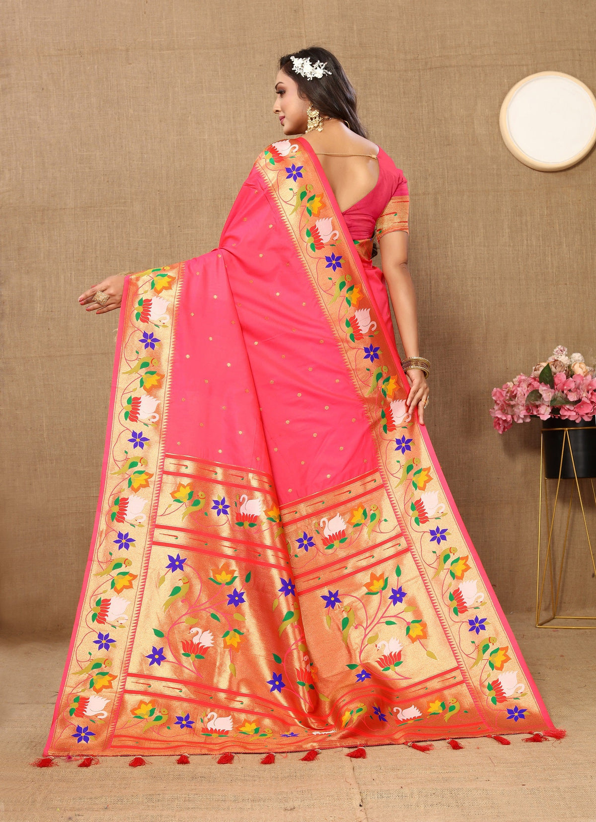 Vedant Vastram Tomato Color Paithani Silk Saree - Tomato | Grocsy