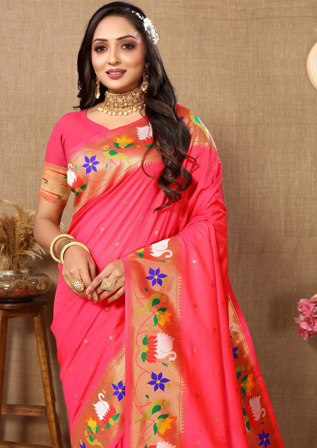Vedant Vastram Tomato Color Paithani Silk Saree - Tomato | Grocsy