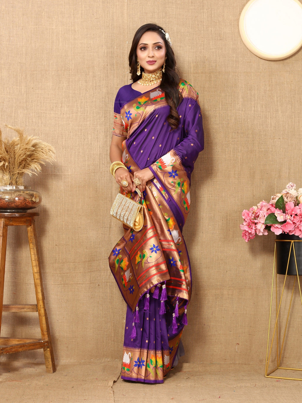 Vedant Vastram Violet Color Paithani Silk Saree - Violet | Grocsy