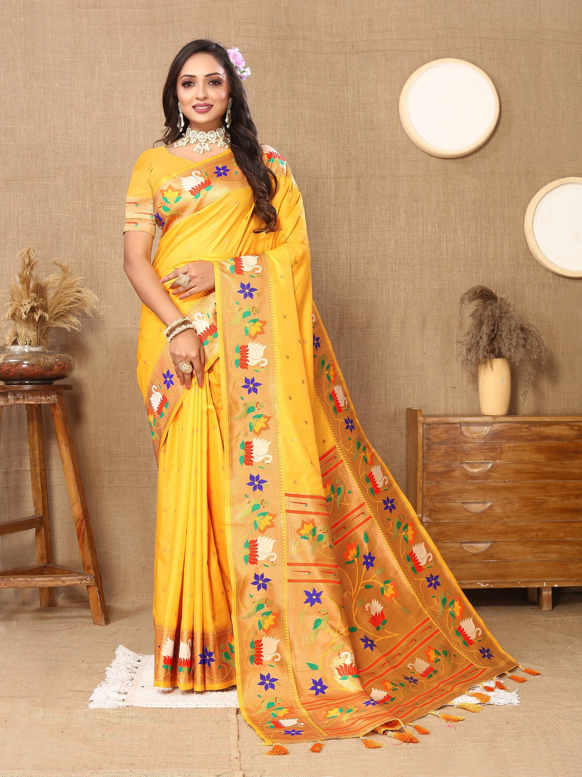 Vedant Vastram Yellow Color Paithani Silk Saree - Yellow | Grocsy