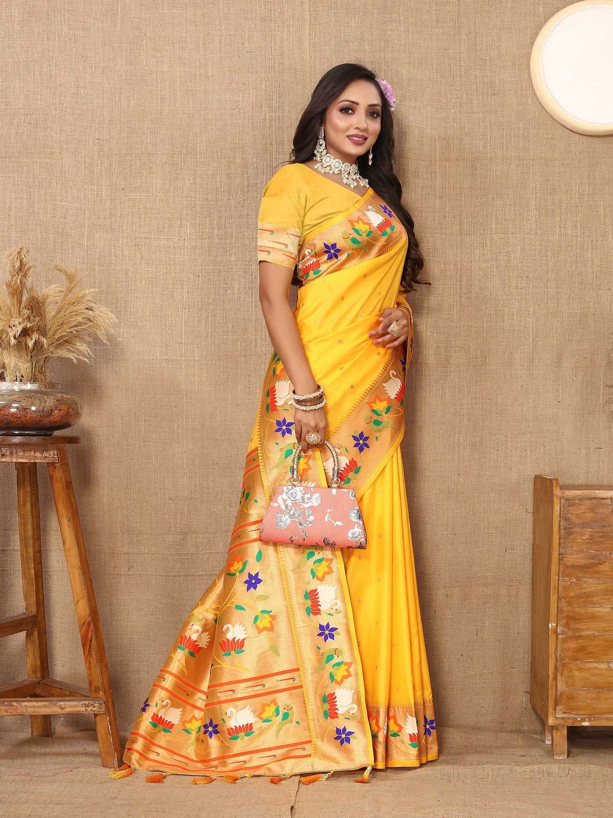 Vedant Vastram Yellow Color Paithani Silk Saree - Yellow | Grocsy