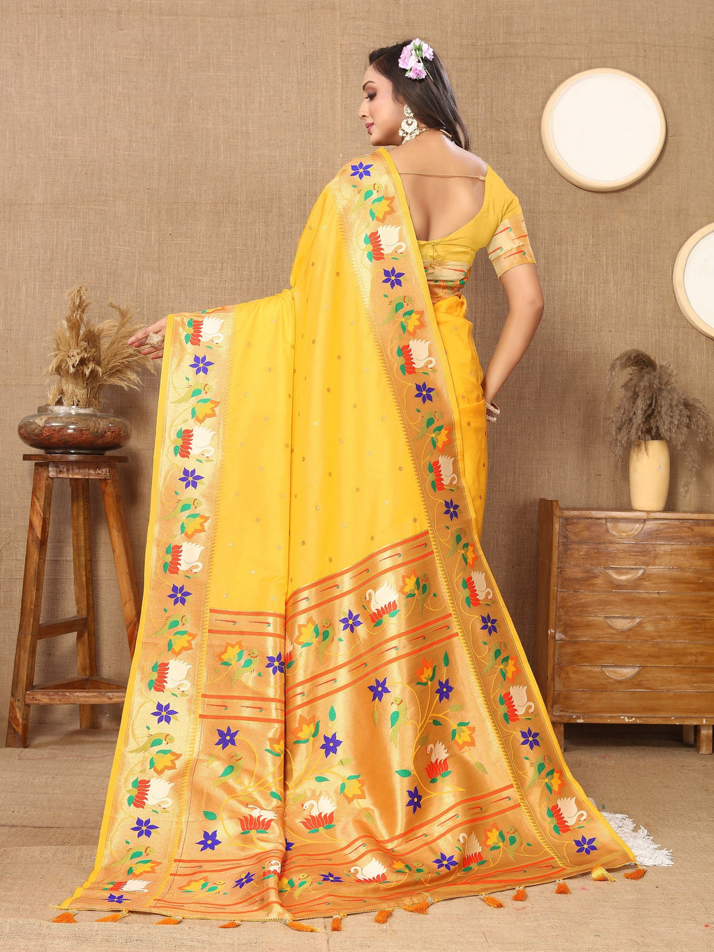 Vedant Vastram Yellow Color Paithani Silk Saree - Yellow | Grocsy