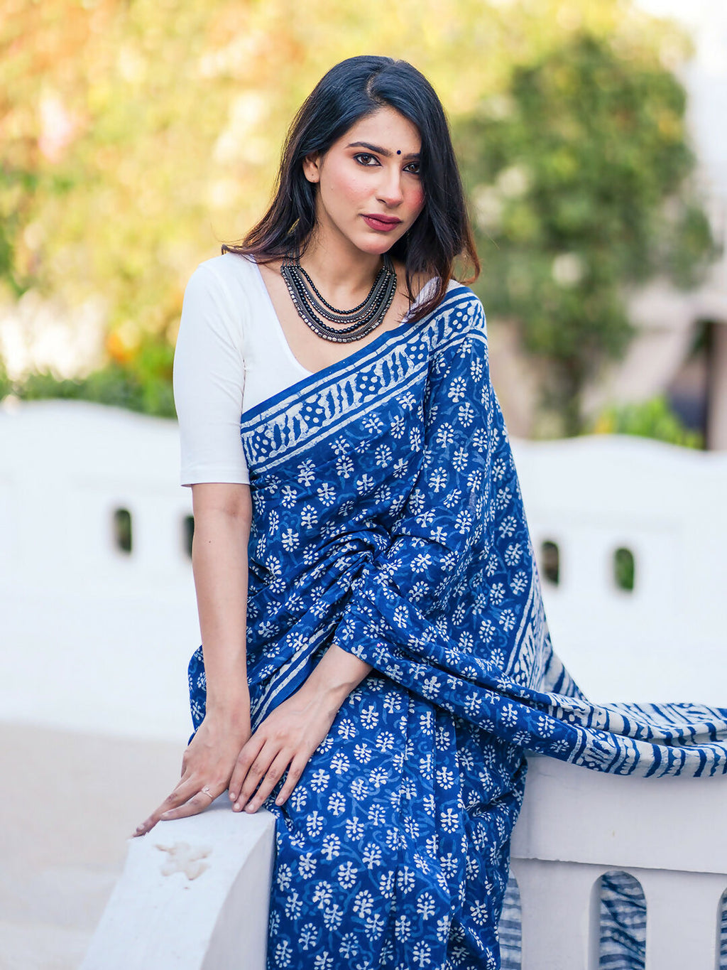 Zibaa Hand-Blocked Pure Mul Cotton Indigo Saree | Grocsy