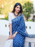 Zibaa Hand-Blocked Pure Mul Cotton Indigo Saree | Grocsy