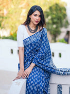 Zibaa Hand-Blocked Pure Mul Cotton Indigo Saree | Grocsy